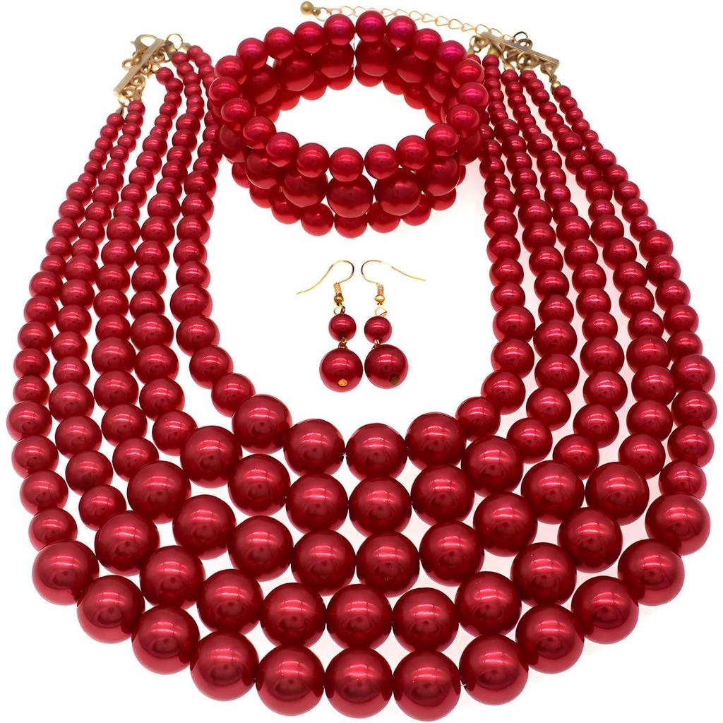 Perlen-Halskette für Damen Mehrsträngiges Armband und Ohrringe Set Kostümschmuck Zubehör