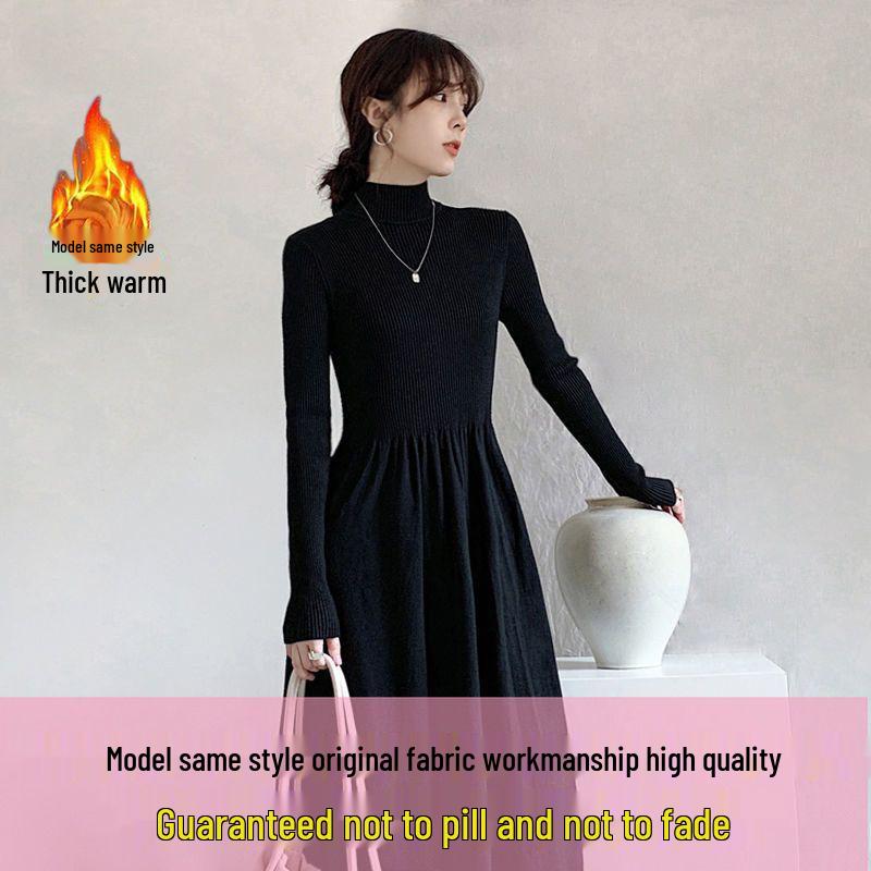 Schwarzes Wollkleid im Hepburn-Stil mit halbhohem Kragen für Herbst/Winter