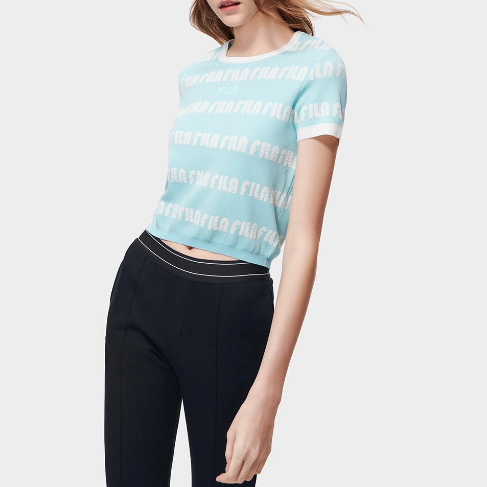 Fila Logo All Over Print Crew Neck Short Sleeve T-Shirt Women T-Shirts Light-Green F11W319404F-TQ