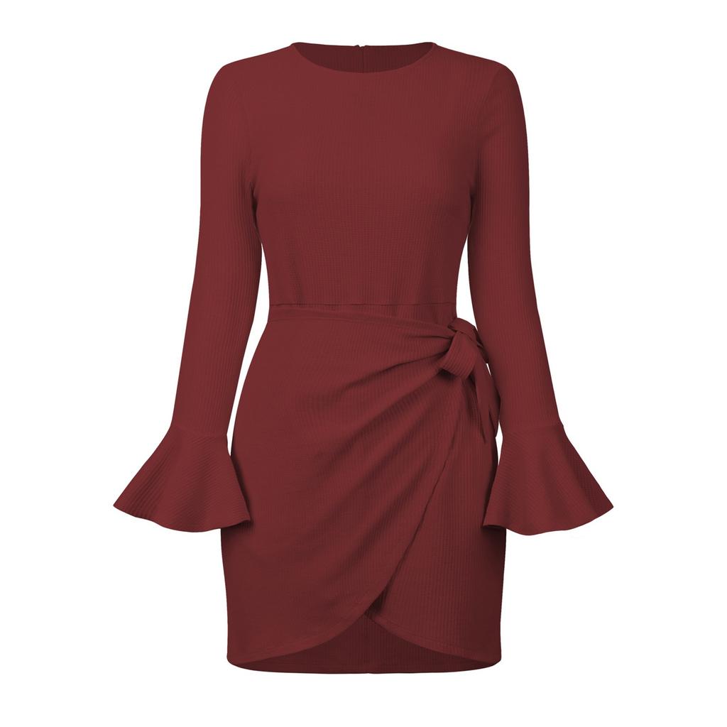 Fashion Women's Casual  Ruffled Long Sleeve Slim Bow Elegant Check Dress