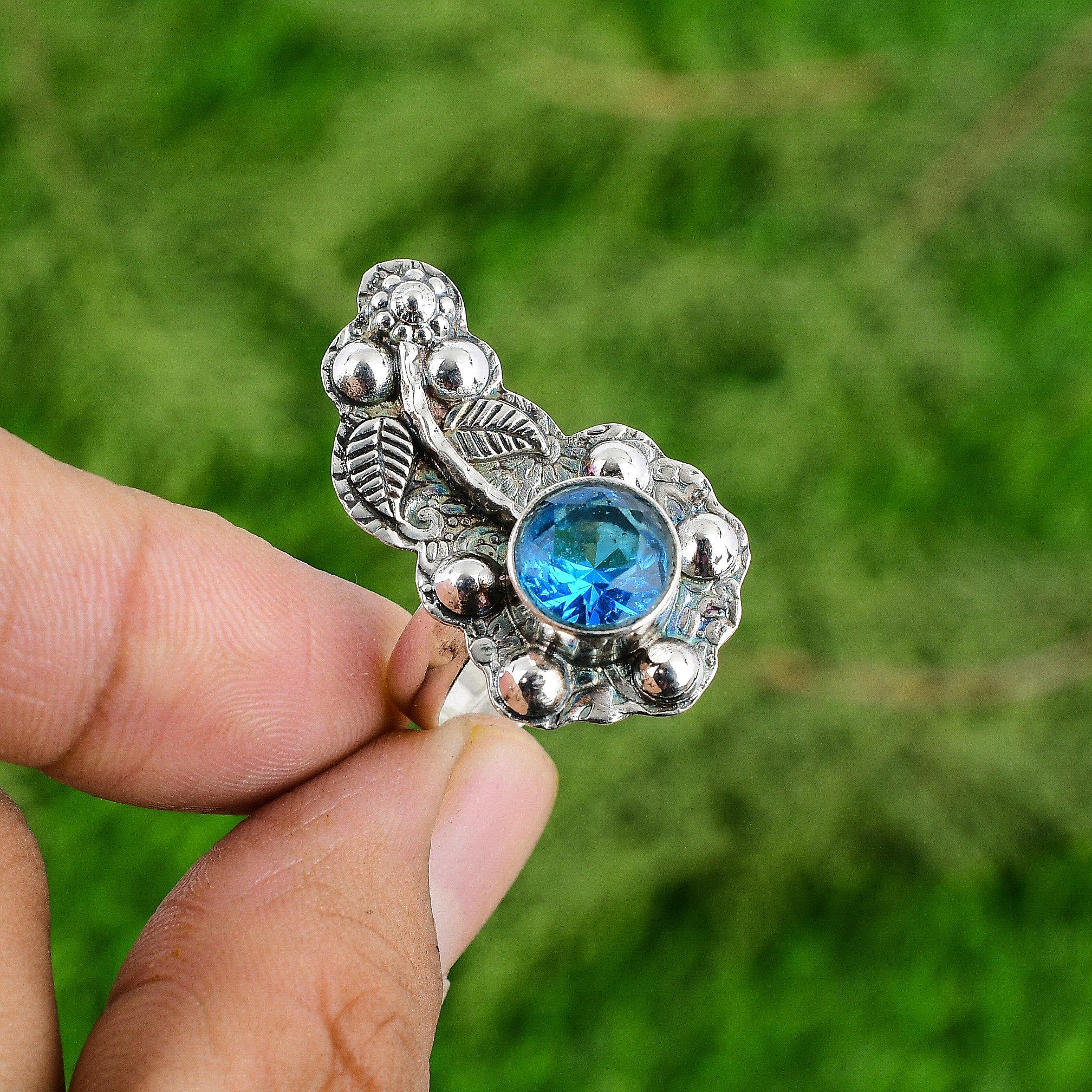 

Кольцо-солитер из стерлингового серебра с круглым камнем швейцарского голубого топаза, ручной работы, в виде цветка, для жены Adjustable