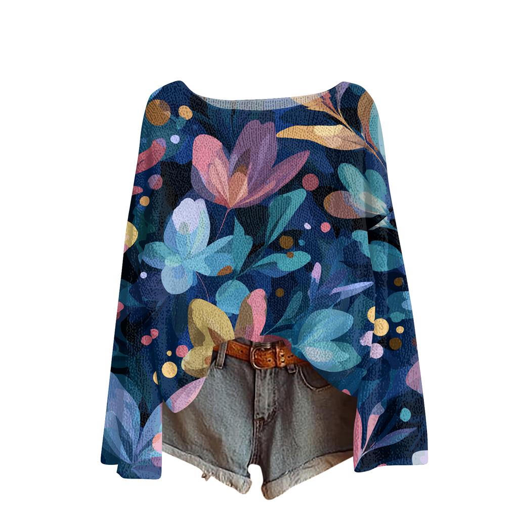 Women's Lightweight Sweater Casual Long Sleeve Knitted Vintage Floral Print Pullover