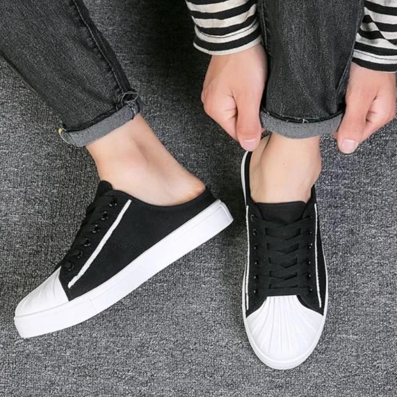 Men's Shoe Mules Half Canvas Slides Rubber Flat Male Slipper Y2k High Quality Cheap Shoes Liquidation Clappers 2025 Fun