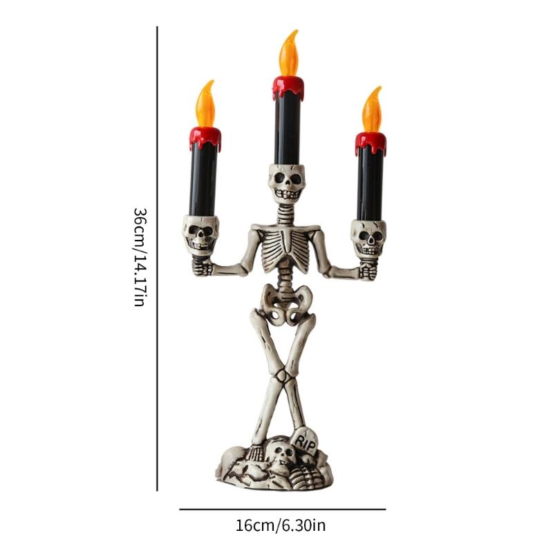 Skull Candelabra Halloween Decoration Skeleton Candlestick with Flameless Candle LED Light for Mantels Tabletop Porch