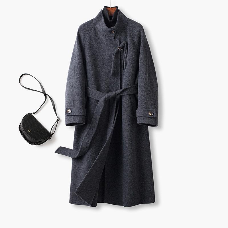 

Premium temperament retro double-sided cashmere coat women s stand-up collar fashion long woolen coat spring and autumn new S темно-сірий
