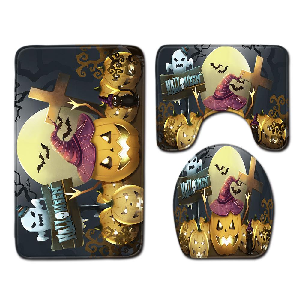Halloween Shower Curtain Floor Mat Combination Four-Piece Set Bathroom Toilet Carpet Shower Room Foot Mat