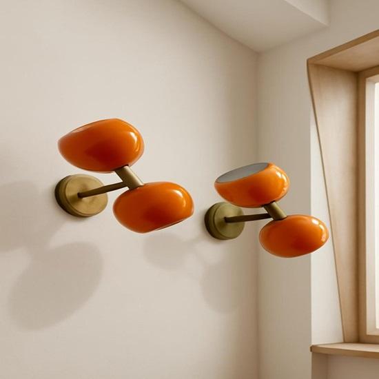 

Mid Century - Orange Color Wall Sconces Diabolo Design Pair Hard Wired