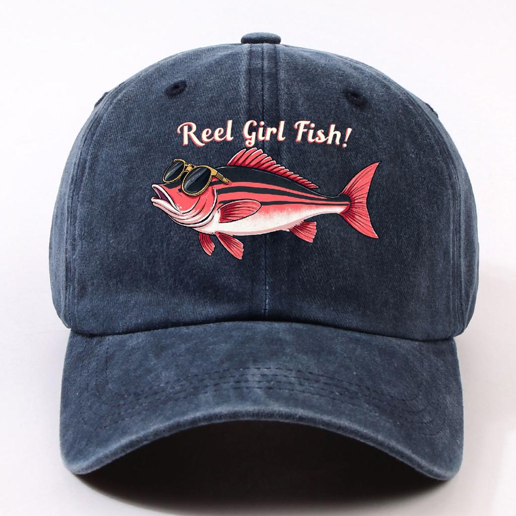 Reel Girl Fish Sunglass Bass Baseball Cap Washed Denim Outdoor Casual Adjustable Adult