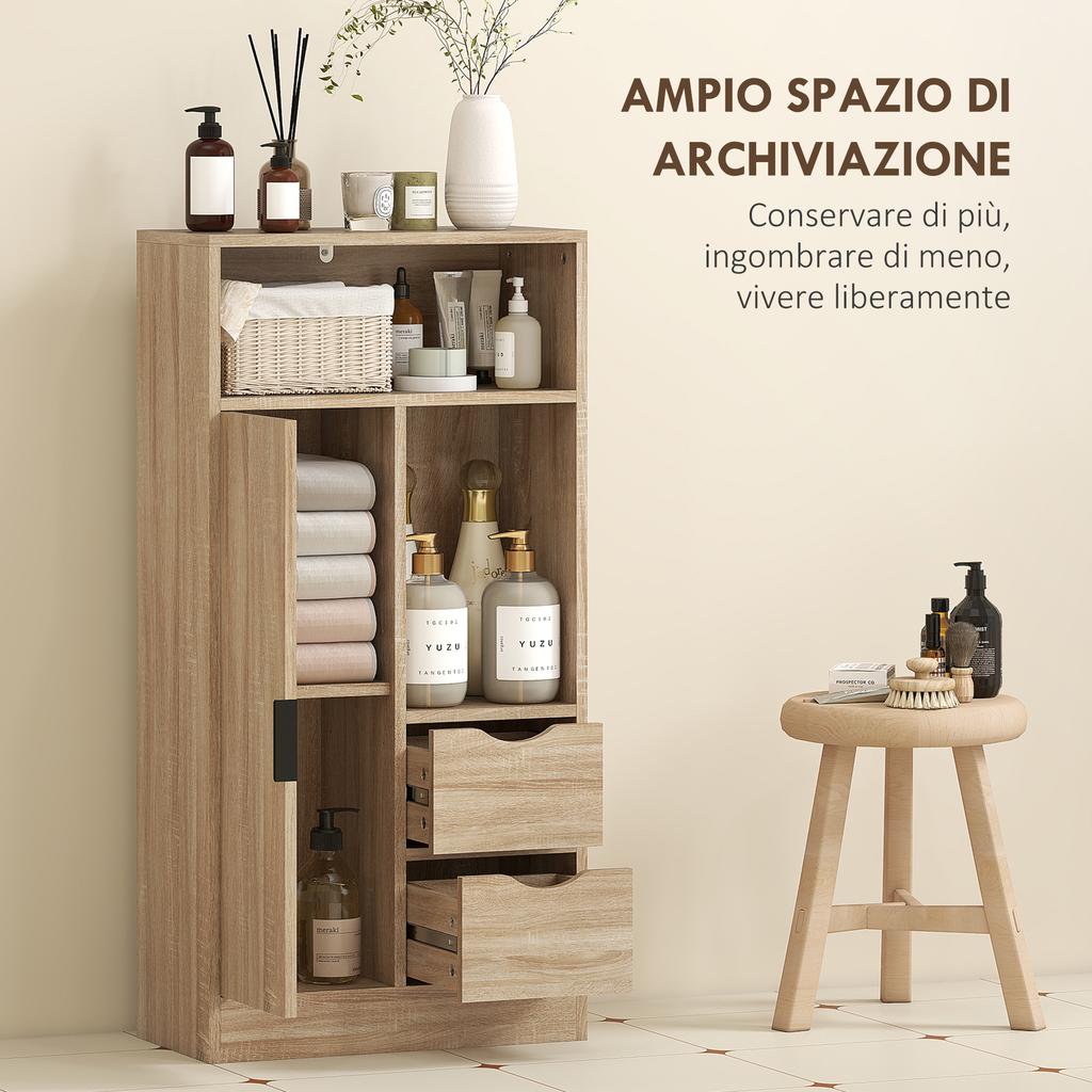 Space-Saving Slim Mobile Bathroom Cabinet with 2 Drawers, Shelves and Cupboard, 50x25x100 cm, Natural Wood