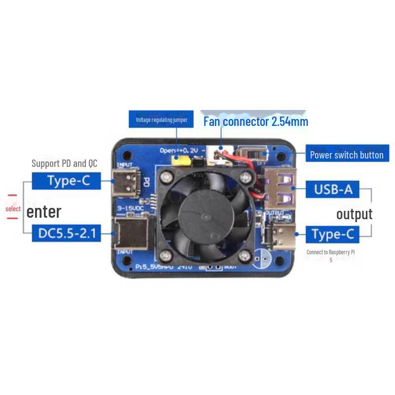 Raspberry Pi 5 Power Module, 5V 5A, 27W, Dual Input/Output, PD Induction, Wide Voltage, USB & DC for Jetson