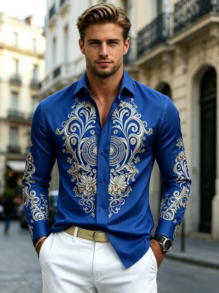 Camicia da Uomo a Maniche Lunghe con Collo Stampa alla Moda Tessuto Morbido Comoda Lussuosa Alta Qualità Abbigliamento per Feste Sociali