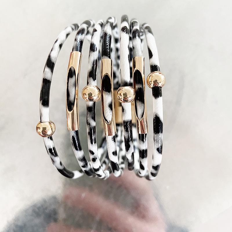 Leopard Print Magnetic Buckle Leather Bracelet: Alloy Beaded Cord with Copper Tube