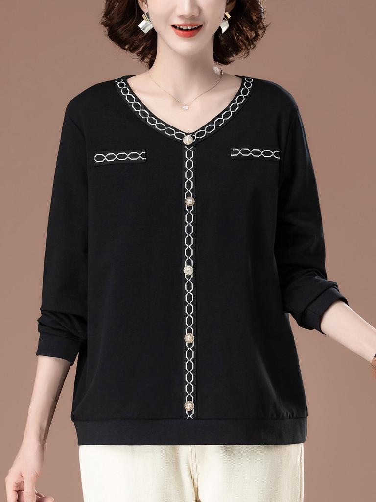 Damen Langarm T-Shirt aus reiner Baumwolle in Übergröße für Frühling & Herbst - Schlankmachend, modisch, lockere Passform für Mütter mittleren Alters