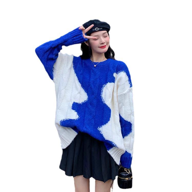 Frittierte Teigzöpfe Pullover Damen Herbst- und Winterbekleidung Lässiger Stil Retro Farbkontrast Graffiti Strickoberteil