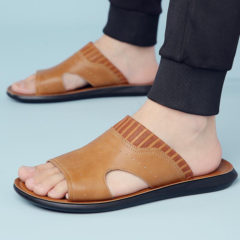 Fashion Home Hotel Slipper Lightweight Summer Slippers Men's Luxury Leather Slippers Non-Slip Sole Comfortable Open-Toe Slide Sandals
