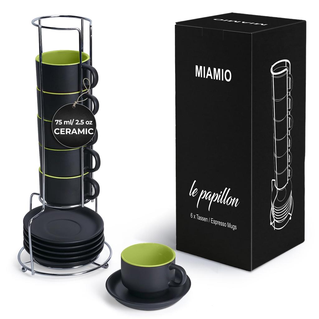 MIAMIO - 75 ml x 6 Stoneware Espresso Mug/Cup Set, Black Exterior, Colorful Interior
