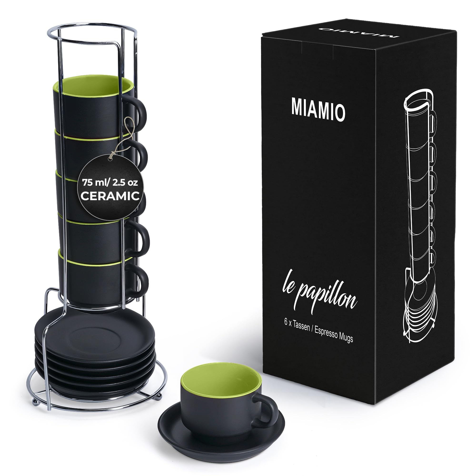 

MIAMIO - 75 ml x 6 Stoneware Espresso Mug/Cup Set, Black Exterior, Colorful Interior