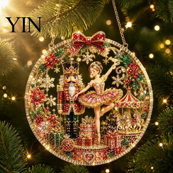 Holiday Art Decoration Christmas Faux Diamond Ornament Kit, Santa Angel Sun Catcher DIY Acrylic Detailed Printed Symbol Design Round Board,