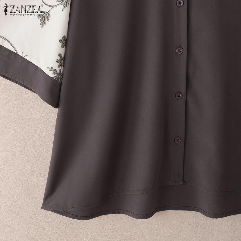 ZANZEA Women Casual V-Neck Loose Print Splice 3/4 Sleeve Blouse