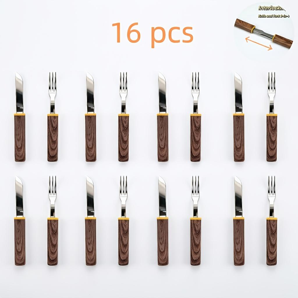 2/4/8/16Portable Cutlery Set | Stainless steel blade handle paired with wood-grain plastic grip | Anti-rust Suitable for dishwashers | Detachable 2