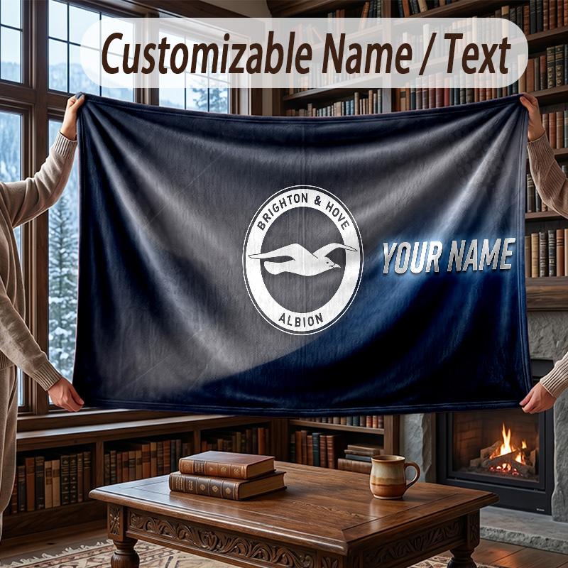 Custom Name Flannel Throw Blanket Brighton & Hove Albion Football Pattern Warm Home Decoration