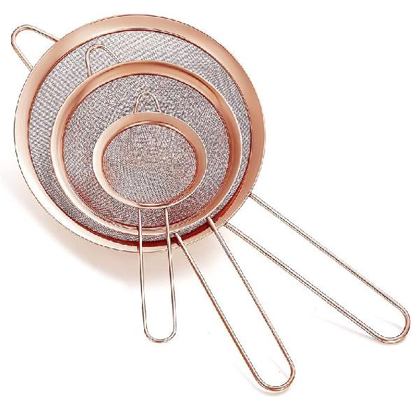 Gold Fine Mesh Strainer 3 Pieces Set, Golden Flour Sifter For Baking, Stainless Steel Clander, Gold Matcha Tea Strainer, Gravy Separator, Stasher