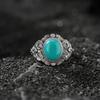 Adjustable Open Ring With Blue Jade Cabochon Vintage Scrollwork Design Men Women