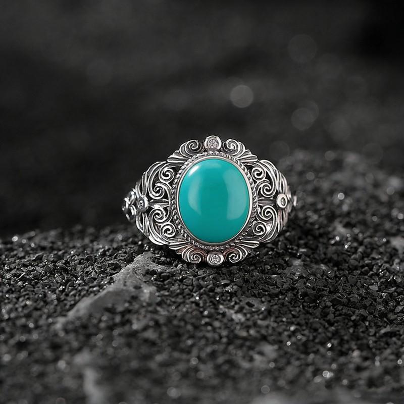 Adjustable Open Ring With Blue Jade Cabochon Vintage Scrollwork Design Men Women