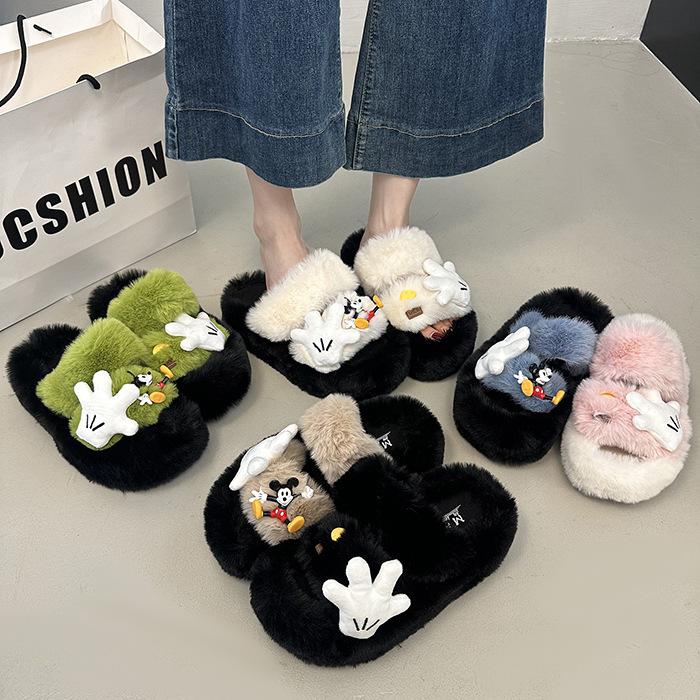 Cute cartoon one-word mop Mao Mao slippers women's outer wear 2025 autumn new thick-bottomed comfortable versatile non-slip cotton mop