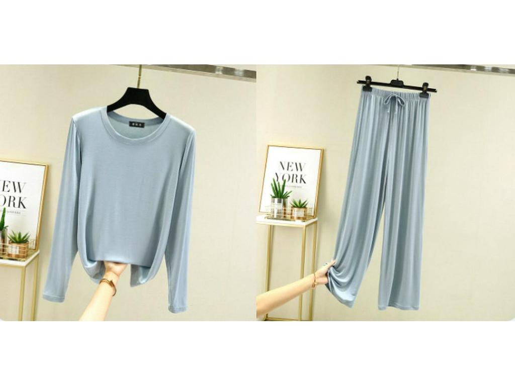 Damski jesienny zestaw piżamowy z bawełny modalnej – bluzka z długim rękawem i spodnie z szerokimi nogawkami