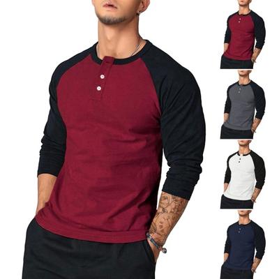 Men Fall Spring T-shirt O Neck Long Sleeve Slim Fit Pullover Color Matching Thin Soft Patcheork Casual Mid Length Men Top