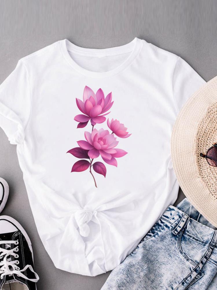 (Asian Size) Sweet Love Heart Trend Print Casual Top O-neck Short Sleeve T-shirts T Graphic Tee Fashion Female Women's Clothing