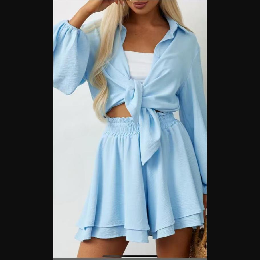 Women's Fashion Casual Solid Color Print Long Sleeve POLO Neck Shorts Suits