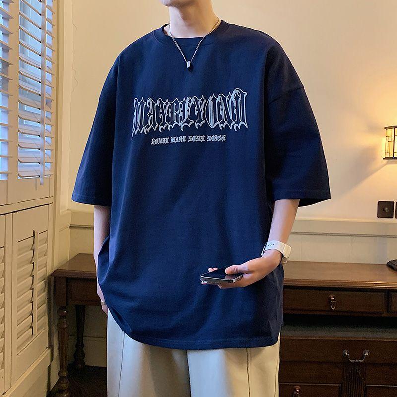 

Модные винтажные пуловеры с буквами, летние, с круглым вырезом, базовые, свободные, мужская одежда, молодежный стиль, американские, с коротким рукавом, повседневные футболки XXXL темно-синий