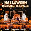 Halloween Disposable Tableware Kit, Paper Plates Cups Forks Spoons Knives Napkins Tablecloth, Party Decor Supplies