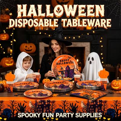 Halloween Disposable Tableware Kit, Paper Plates Cups Forks Spoons Knives Napkins Tablecloth, Party Decor Supplies