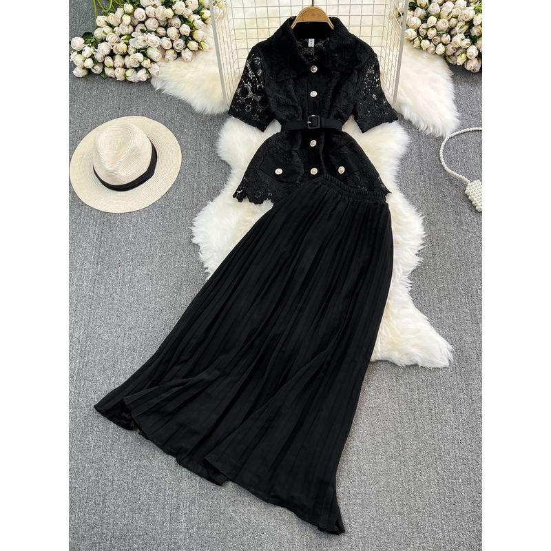 Single-Breasted Lace Pleated Skirt Fashion Suit