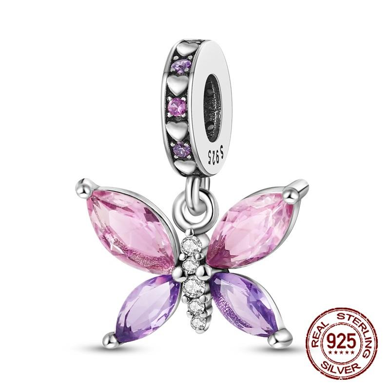 925 Sterling Silber Lila Perlen Blume Schmetterling Hänge Charm Passend 4MM Lochdurchmesser Armband Halskette 925 Schmuck Geschenkherstellung