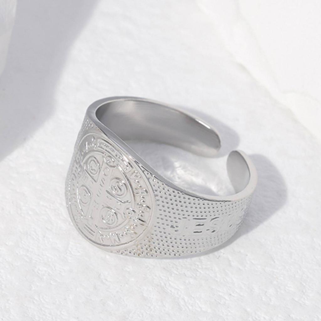 Stainless Steel Saint Benedict Open Ring for Women Men Christian Jewelry Gift