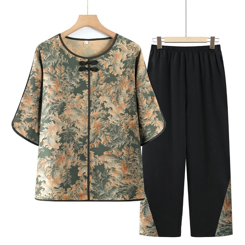 

Grandma s Plus Size Summer Two-Piece Set - Short-Sleeve Round Neck Top for Middle-Aged and Elderly Women 3XL (115-130 jin)