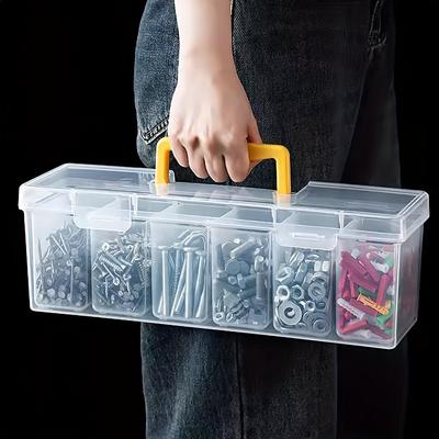 Portable Transparent Plastic Hardware Storage Box with 6 Detachable Dividers - Screws, Small Parts,Tool Storage Box