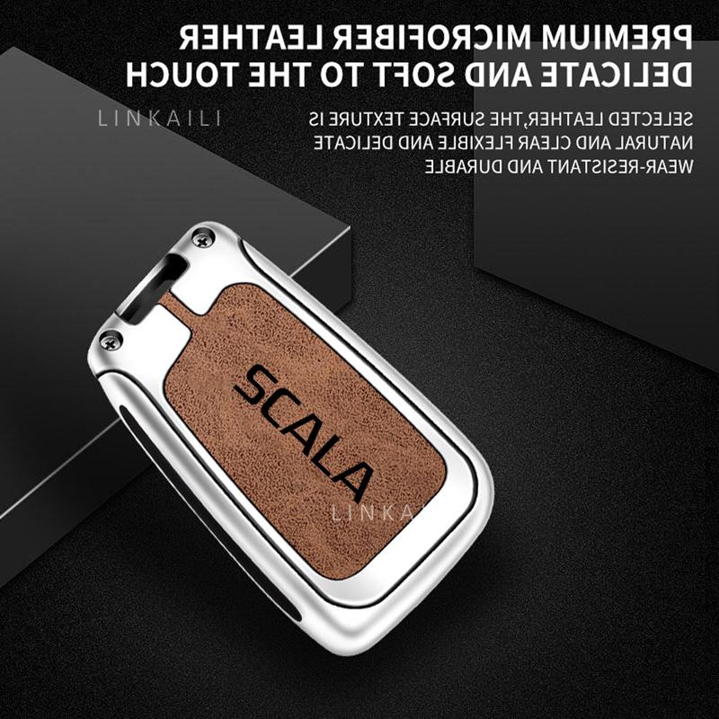 Vhodné pro Škoda Scala 2019 box na klíče od auta ze zinkové slitiny, kožené vysoce kvalitní pouzdro na klíče od auta a příslušenství k krytům klíčů