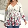 Women's Plus Size Shirt Long Sleeve  Print Top Pleated Casual V-Neck Top