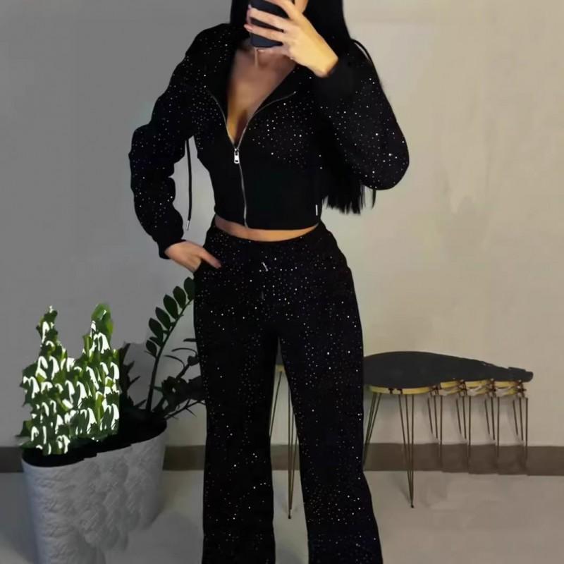 Y2K Rhinestone Zip Up Hoodie Short Sweatpants Set Streetwear Women