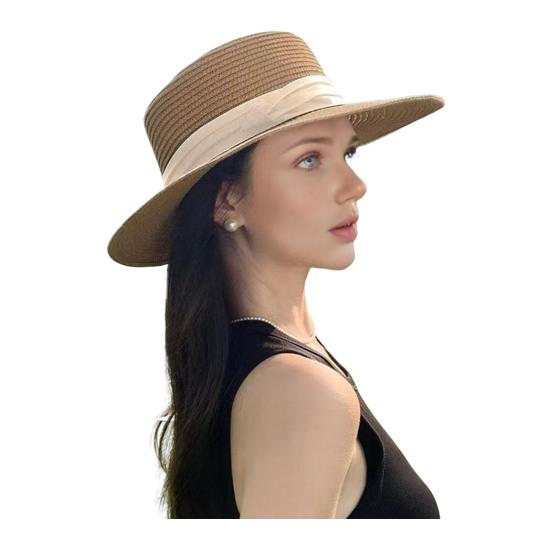 French Style Straw Hat with Large Brim Ribbon Decor Foldable Sun Protection Hat Summer Beach Travel Vacation Hat