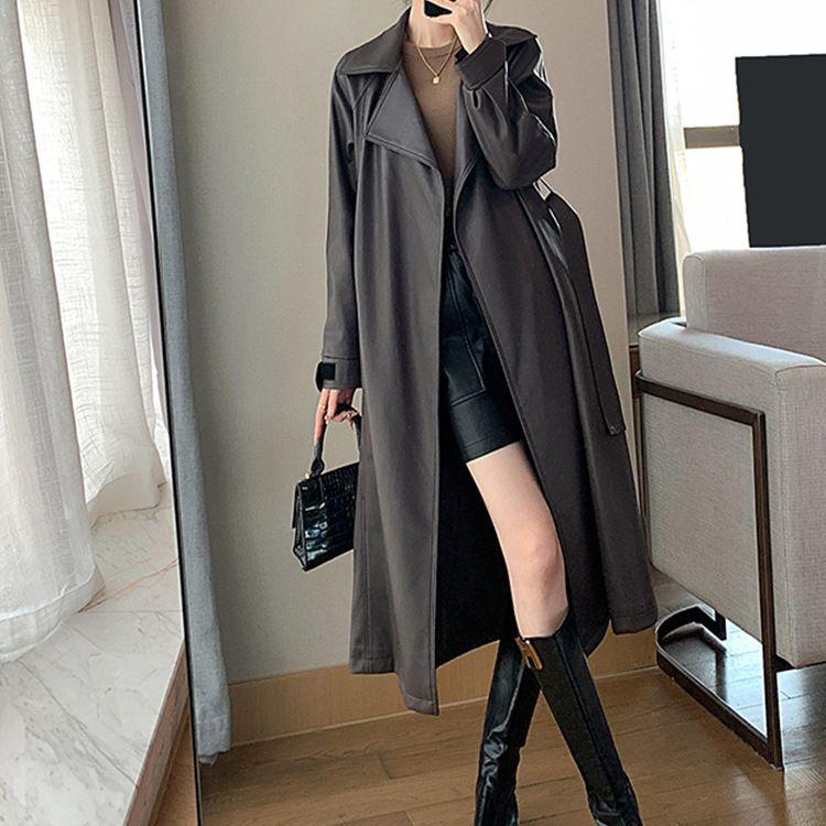 

Длинная куртка из искусственной кожи выше колена, женская весенняя и осенняя одежда, средний и длинный женский тренчкот XL