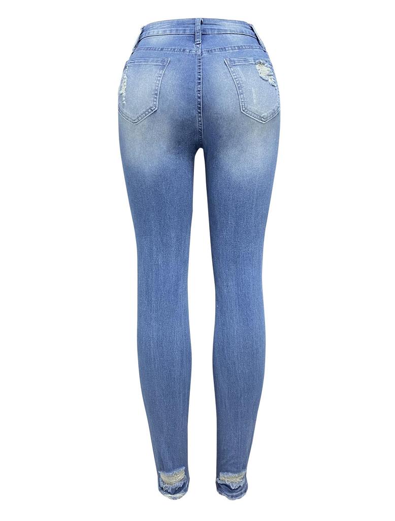 2025 Women's European & American Style Ripped Stretch Jeans - Mid-Waist, Long Length, Slim Fit.