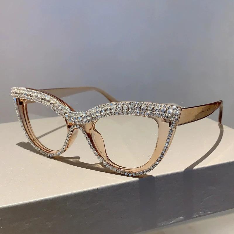 Men Anti Blue Light Far Sight Eyeglasses Cat Eye Diamond Studded Reading Glasses Women Presbyopia Glasses