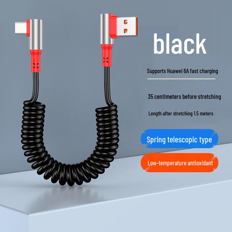 Câble USB Rétractable à Ressort Double Coude 6A Charge Rapide pour Téléphones & Voitures