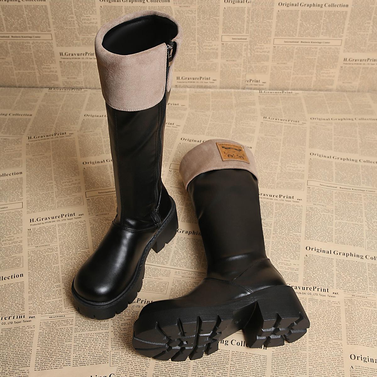 

Autumn and winter new British style platform knight boots round head side zipper middle heel boots large size commuter women s boots 43